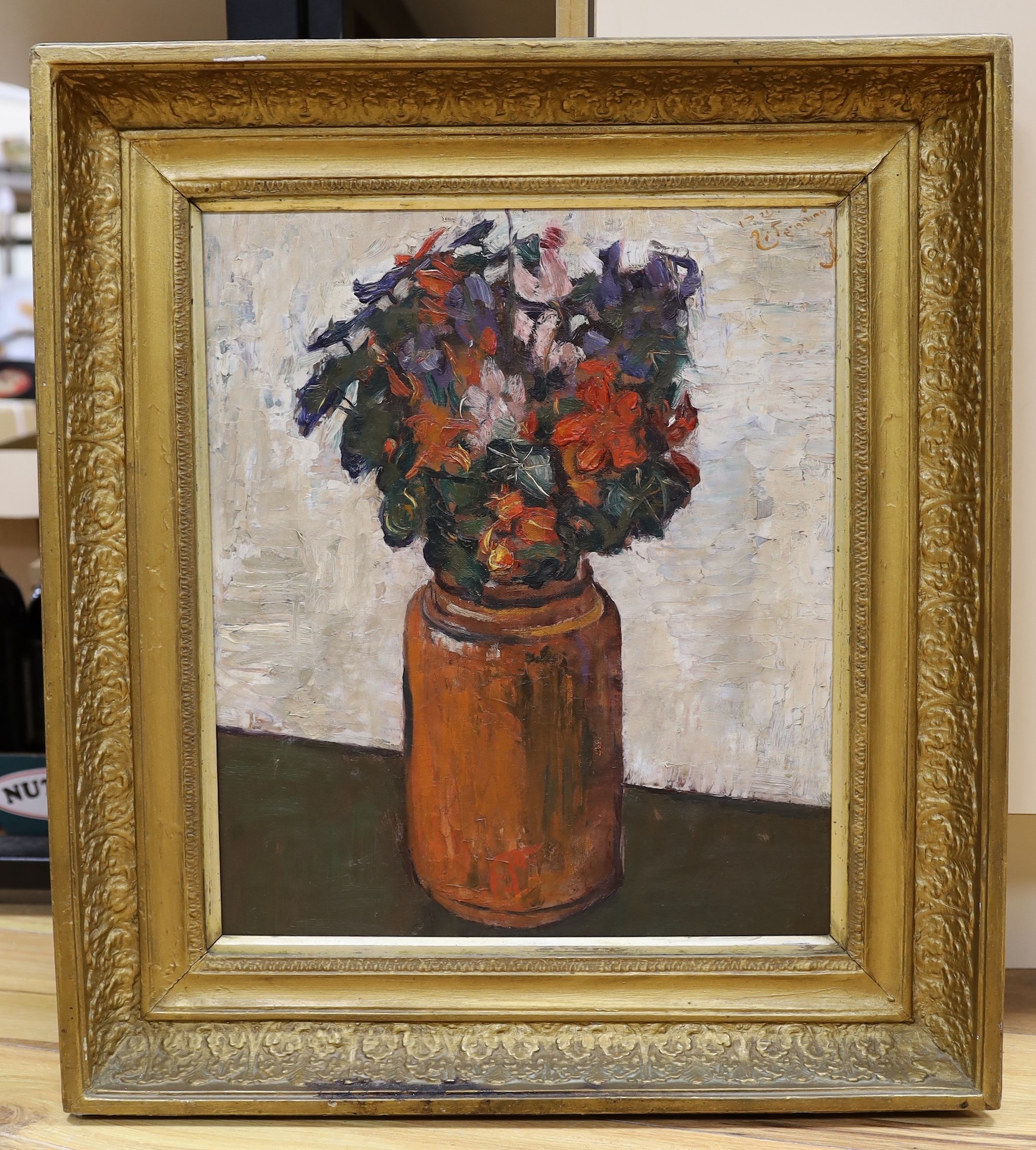 Continental School, oil on canvas laid on board, Still life of flowers in a vase, indistinctly signed, 43 x 36cm